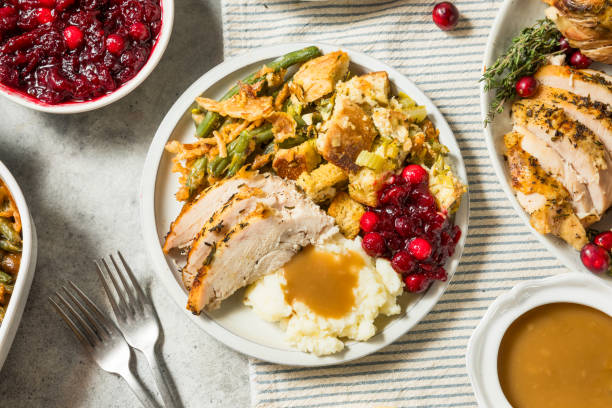 Thanksgiving Turkey Dinner Plate with Potatoes Stuffing Beans and Cranberries